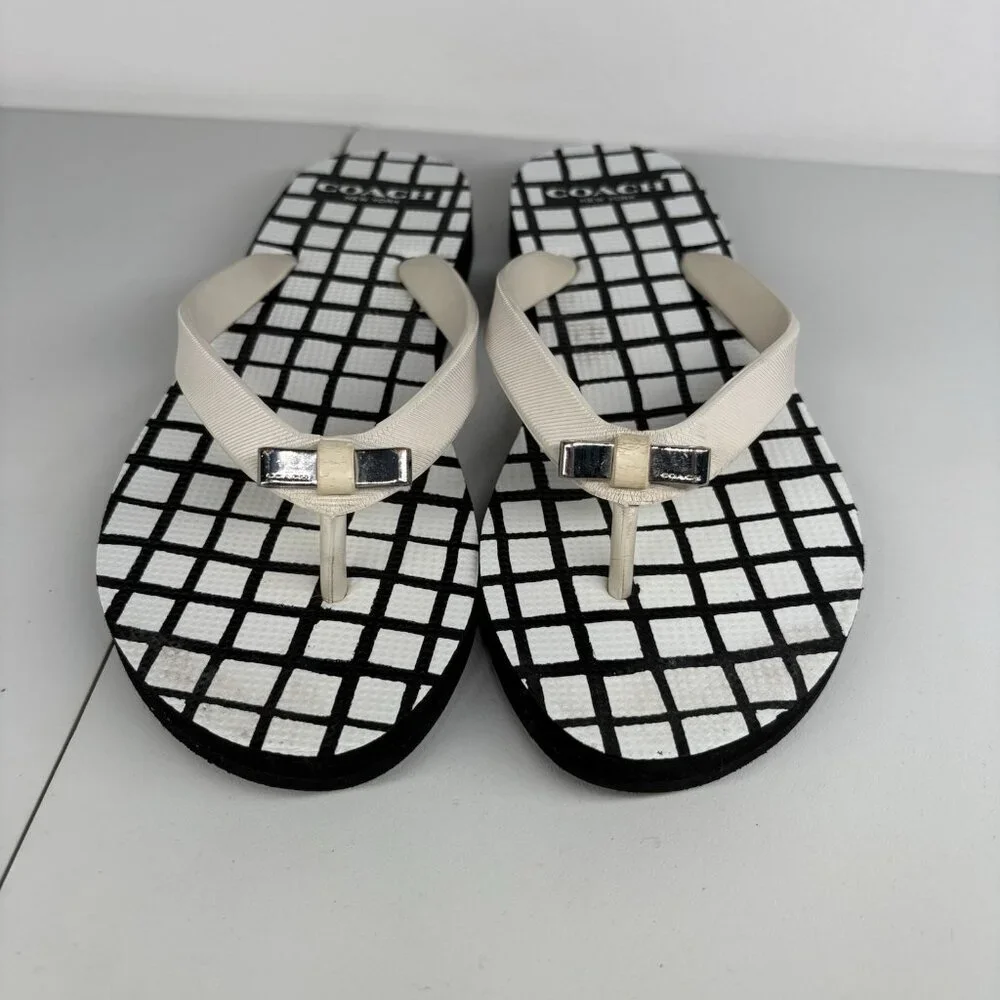 Coach Women Size 5-6 Black White Checkered Print Casual Beach Amel Flip Flops